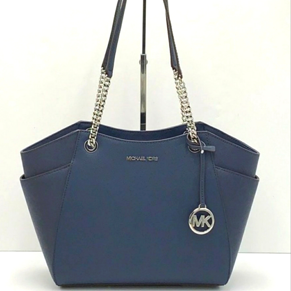 Michael Michael Kors Jet Large Leather Travel Tote Silver Navy NEW  Chain Strap